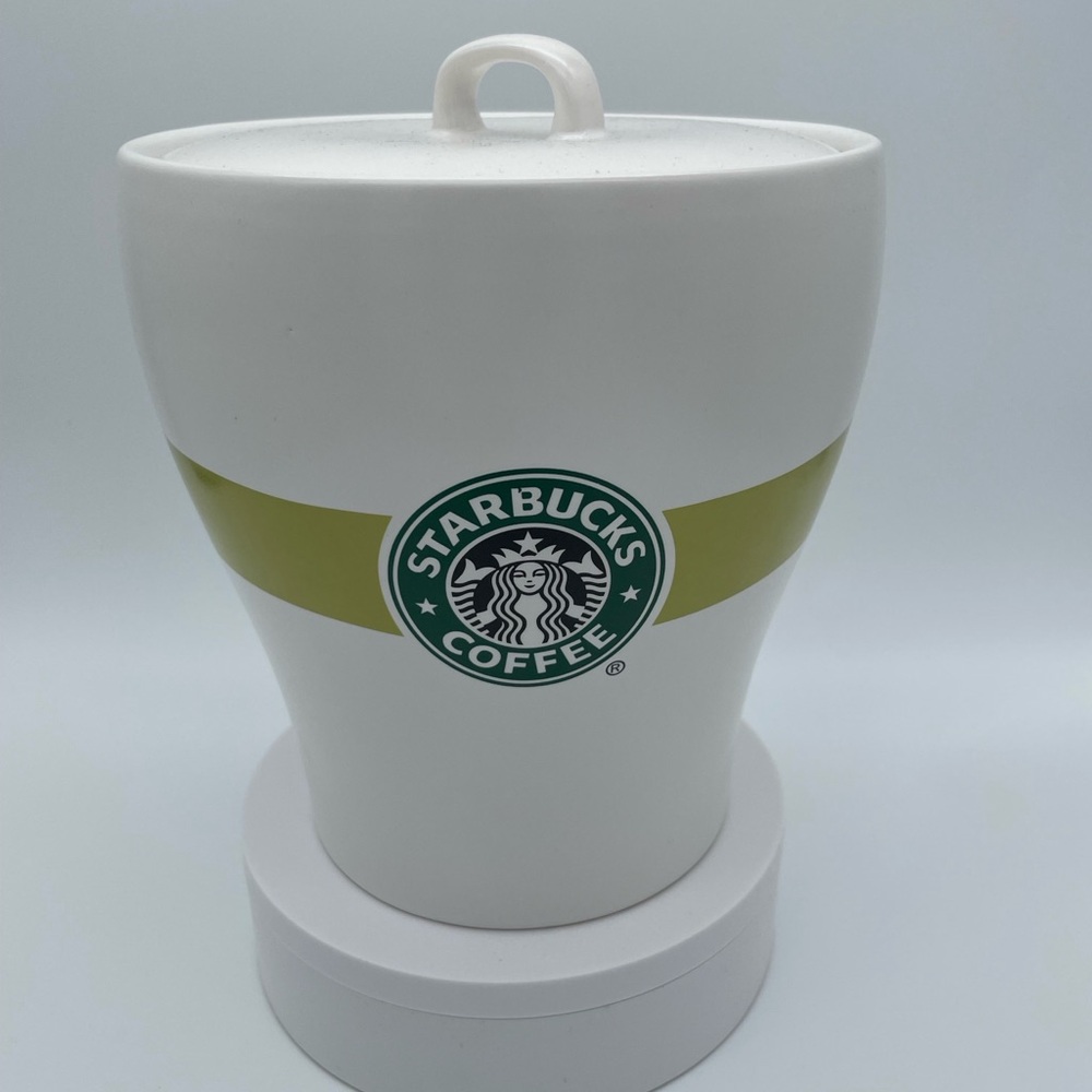 Starbucks Canister Cookie Jar w/Lid White Lime  Green Stripe 8” Ceramic